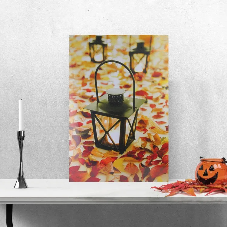 23.5" x 15.5" LED Lighted Fall Foliage and Lanterns Canvas Wall Art