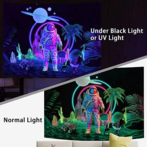Amonercvita Blacklight Astronaut Tapestry UV Reactive Planet Tapestry Neon Cactus Tapestry Galaxy Space Tapestry Black Light Palm Tree Wall Hanging for Room