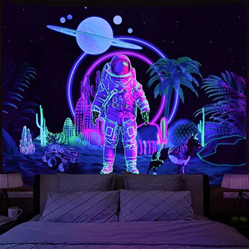 Amonercvita Blacklight Astronaut Tapestry UV Reactive Planet Tapestry Neon Cactus Tapestry Galaxy Space Tapestry Black Light Palm Tree Wall Hanging for Room