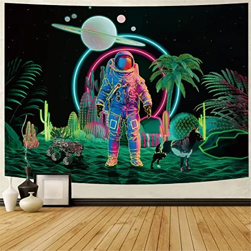 Amonercvita Blacklight Astronaut Tapestry UV Reactive Planet Tapestry Neon Cactus Tapestry Galaxy Space Tapestry Black Light Palm Tree Wall Hanging for Room