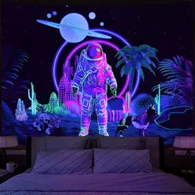 Amonercvita Blacklight Astronaut Tapestry UV Reactive Planet Tapestry Neon Cactus Tapestry Galaxy Space Tapestry Black Light Palm Tree Wall Hanging for Room