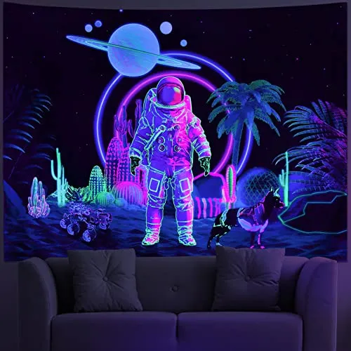 Amonercvita Blacklight Astronaut Tapestry UV Reactive Planet Tapestry Neon Cactus Tapestry Galaxy Space Tapestry Black Light Palm Tree Wall Hanging for Room