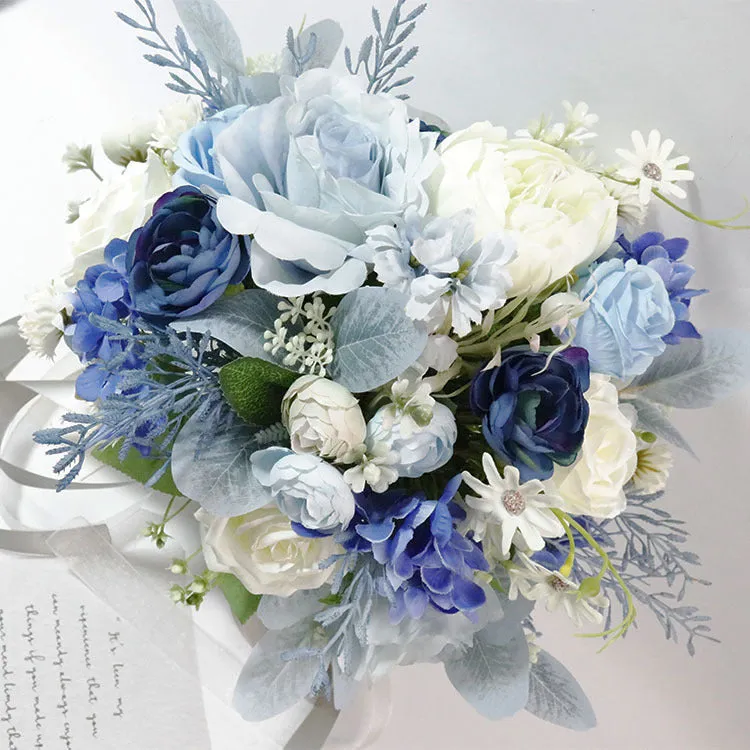 Bulk 11" Bridal Bouquet Ivory White And Blue Peony and Roses Bouquet Accents Wholesale