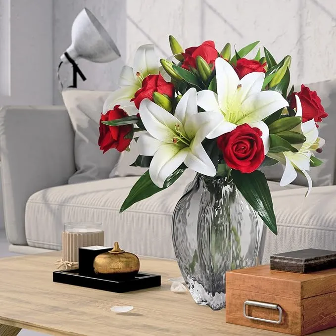 Bulk 14" Pre-Made Artificial Flowers Roses Bouquet and Tiger Lilies for Wedding Bouquet Table Centerpieces Home Party Anniversary Wholesale