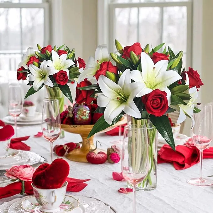 Bulk 14" Pre-Made Artificial Flowers Roses Bouquet and Tiger Lilies for Wedding Bouquet Table Centerpieces Home Party Anniversary Wholesale