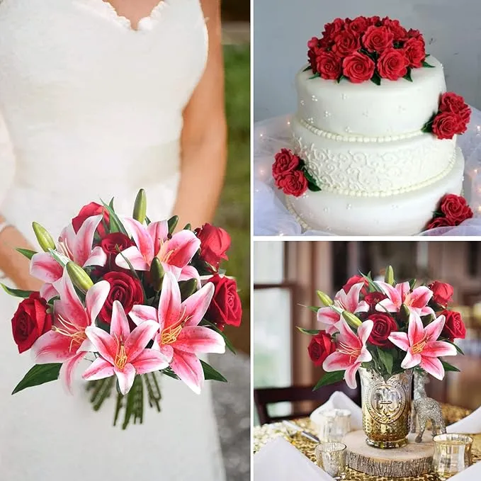 Bulk 14" Pre-Made Artificial Flowers Roses Bouquet and Tiger Lilies for Wedding Bouquet Table Centerpieces Home Party Anniversary Wholesale