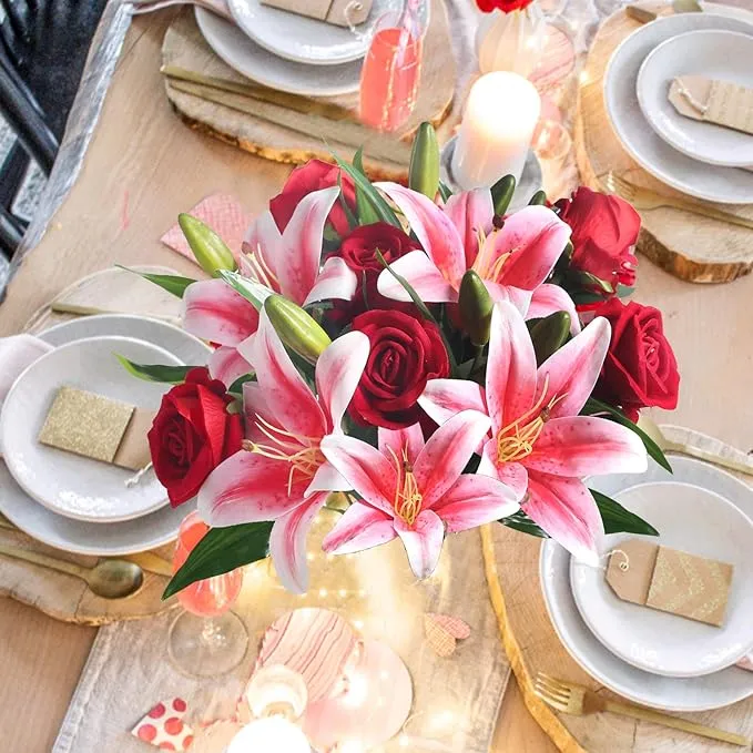 Bulk 14" Pre-Made Artificial Flowers Roses Bouquet and Tiger Lilies for Wedding Bouquet Table Centerpieces Home Party Anniversary Wholesale