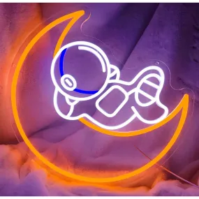 Cute Bright Baby Astronaut Relaxing on Moon LED Night Light Room Wall Decor