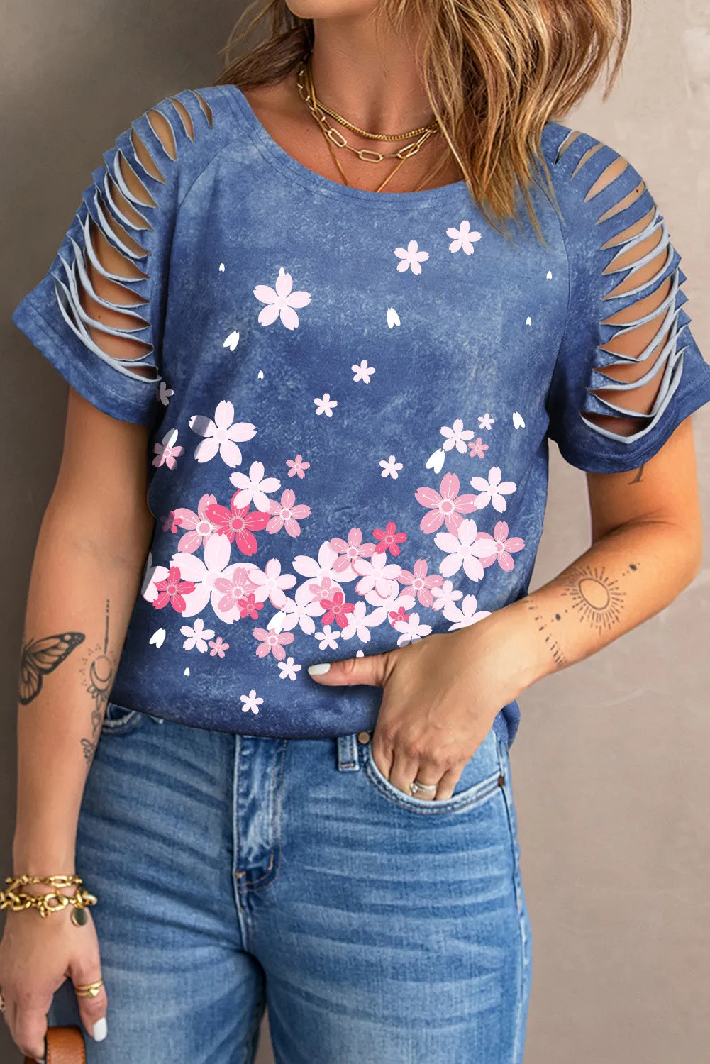 Daisy Letter Print Cut-out Short Sleeve T-shirt