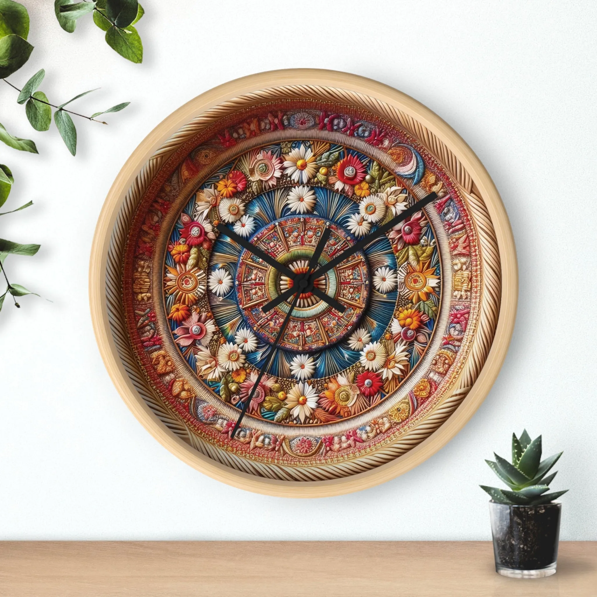 Floral bohemian wicker-look design Wall Clock