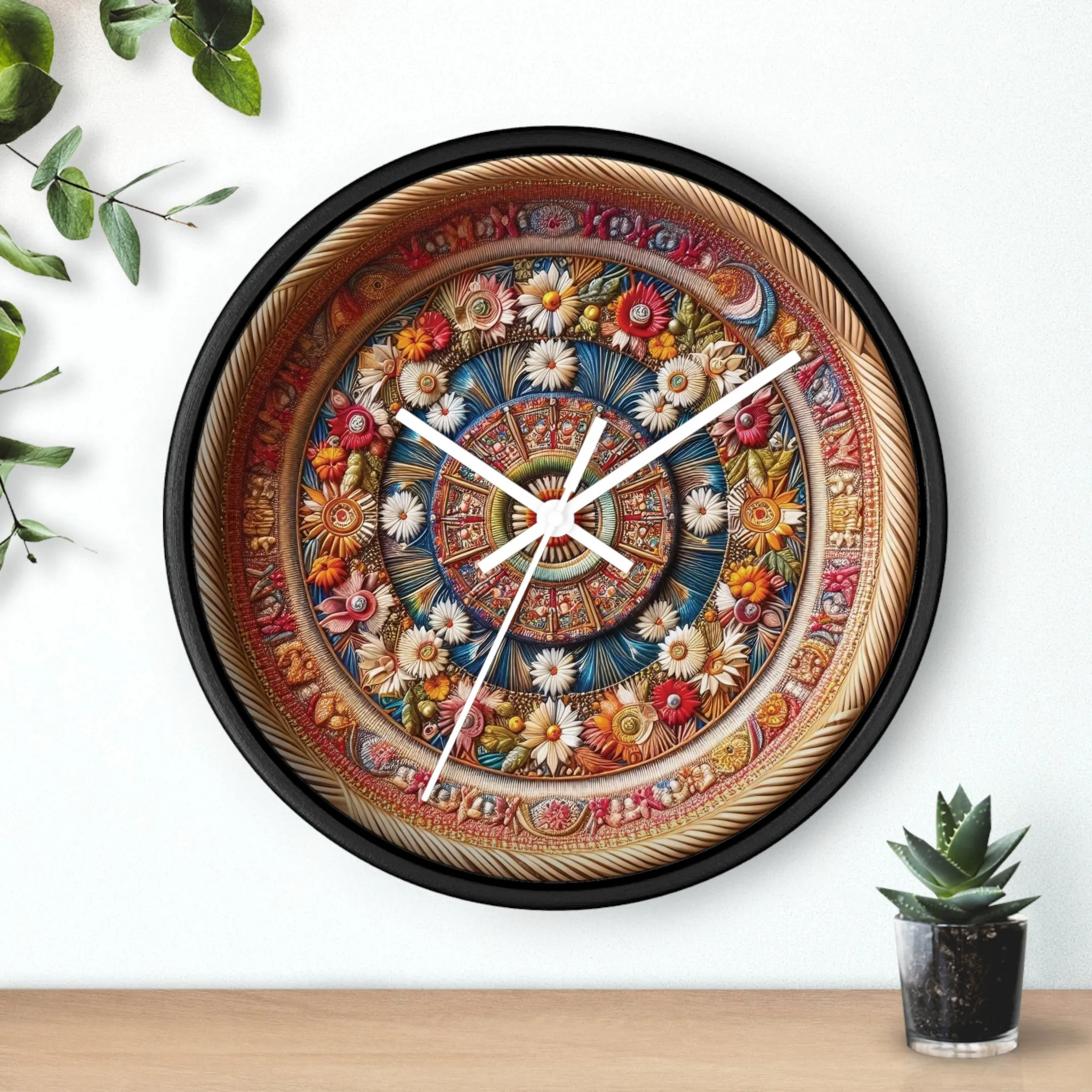 Floral bohemian wicker-look design Wall Clock