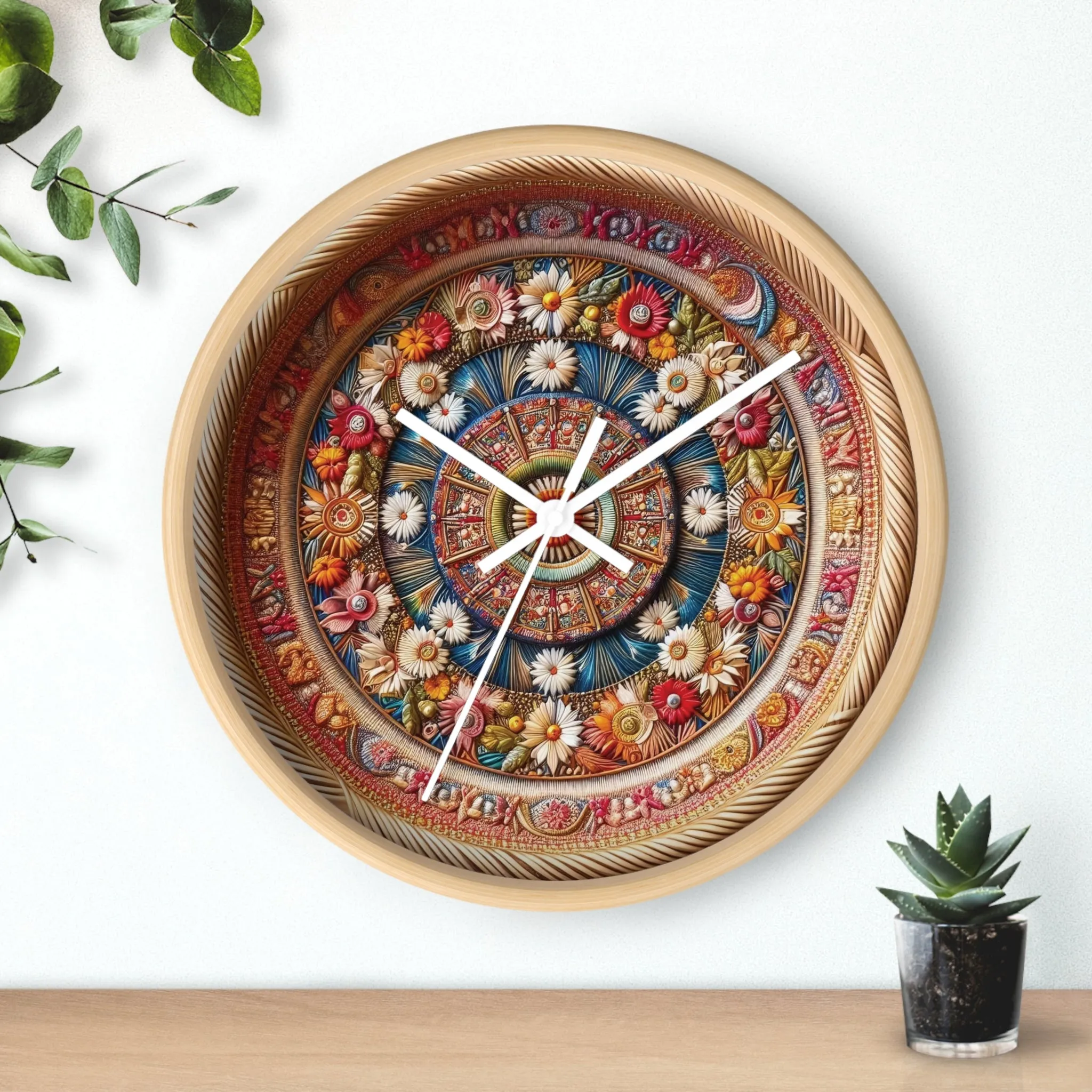 Floral bohemian wicker-look design Wall Clock