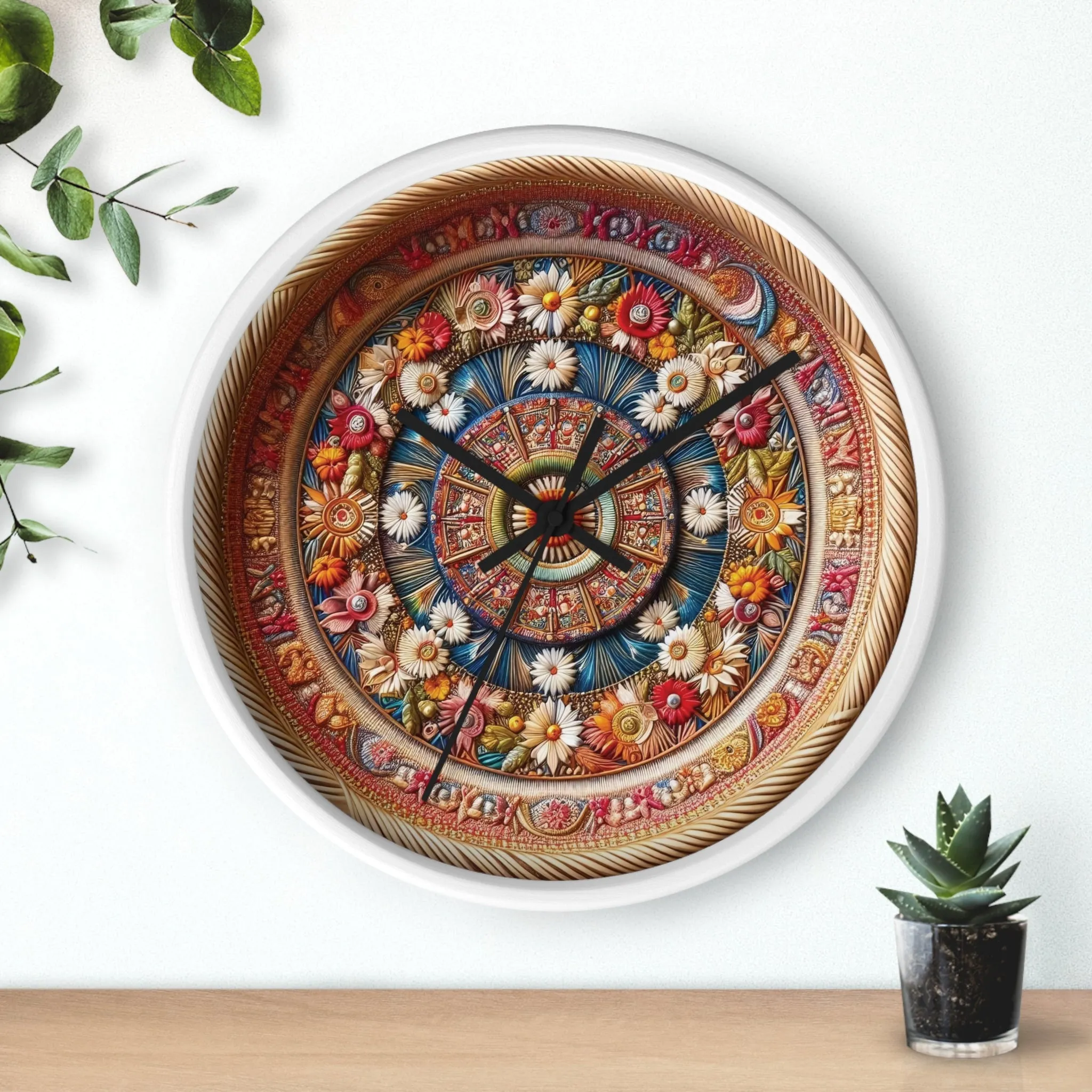 Floral bohemian wicker-look design Wall Clock