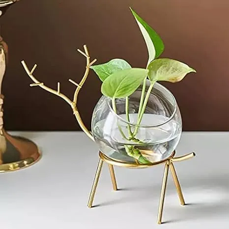 Glass Planter Holder Deer |Glass Pot| Glass Flower Pot| Glass Flower Round Vase Handmade for for Home Decor Round Shape Center Table Bedroom Living Room and Office Decoration (Set of 2) (Golden)
