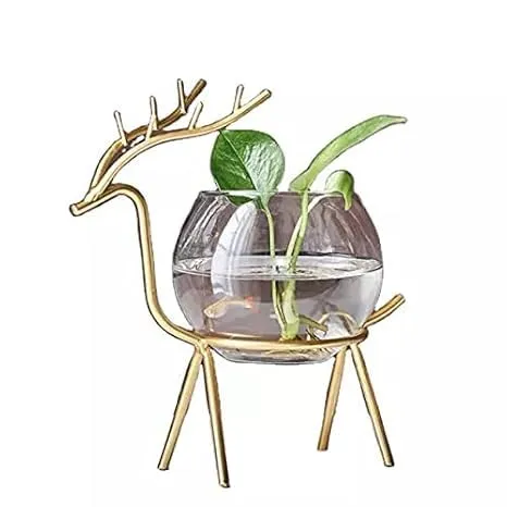 Glass Planter Holder Deer |Glass Pot| Glass Flower Pot| Glass Flower Round Vase Handmade for for Home Decor Round Shape Center Table Bedroom Living Room and Office Decoration (Set of 2) (Golden)