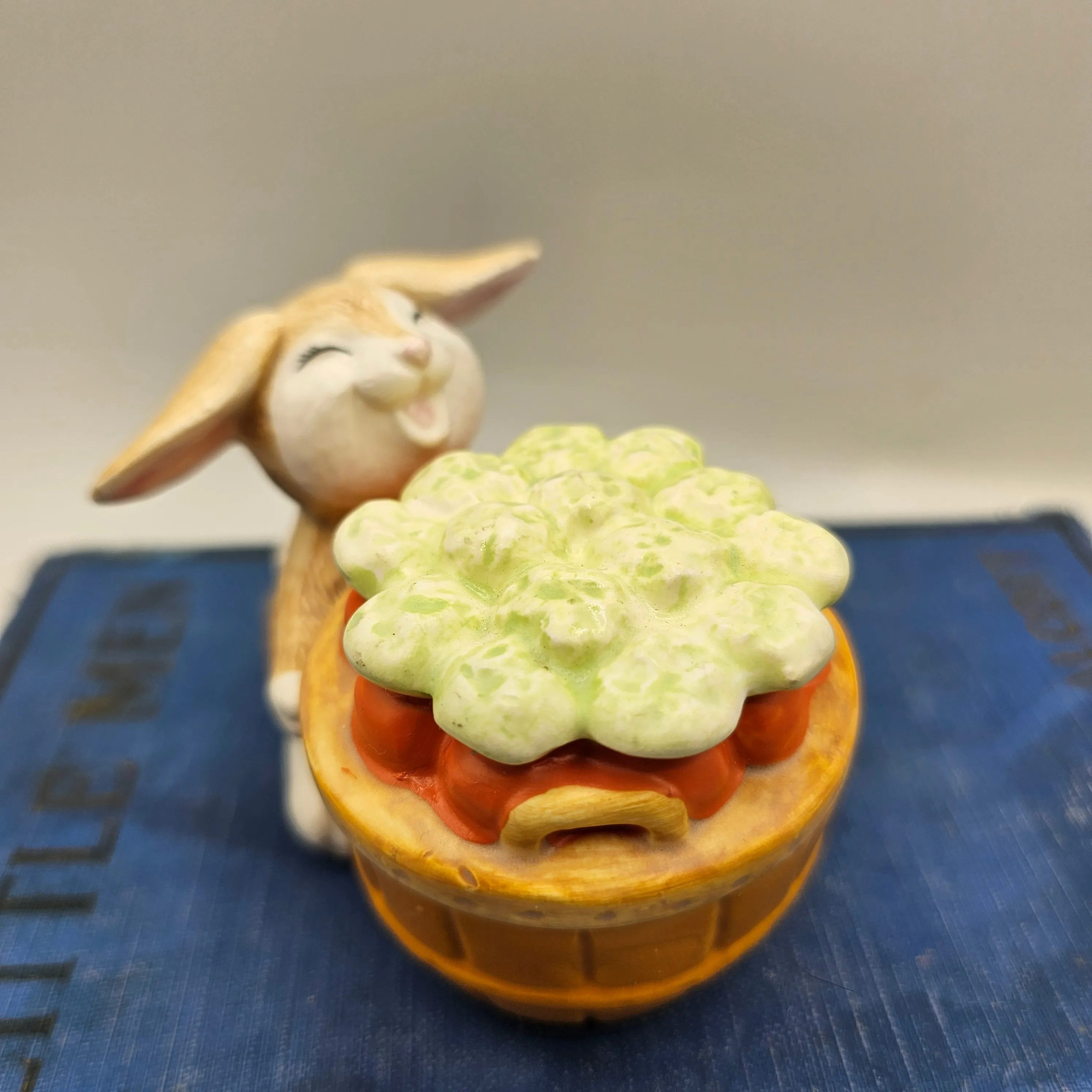 Happy Ears Bunny with Carrot Basket Ceramic Trinket Box
