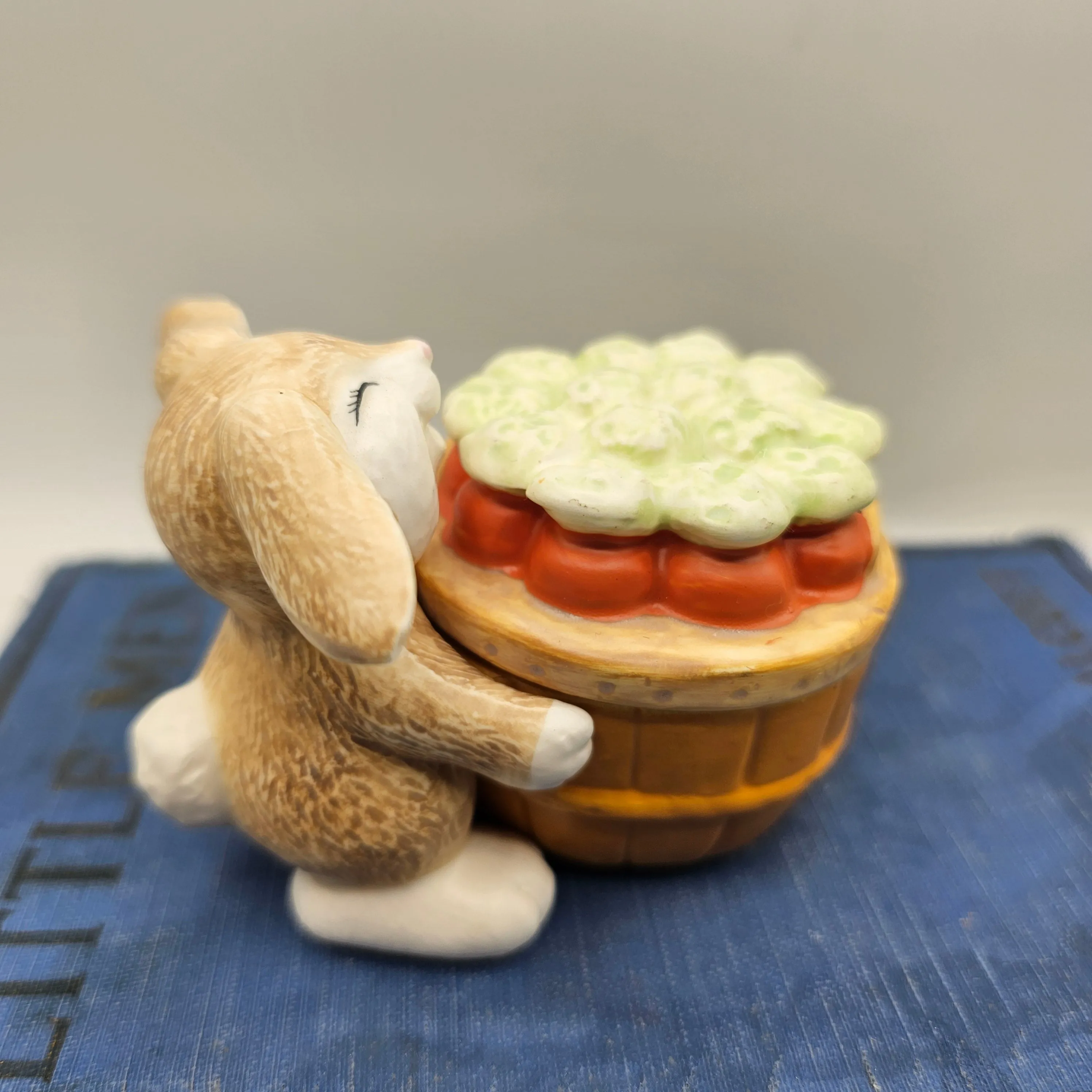 Happy Ears Bunny with Carrot Basket Ceramic Trinket Box