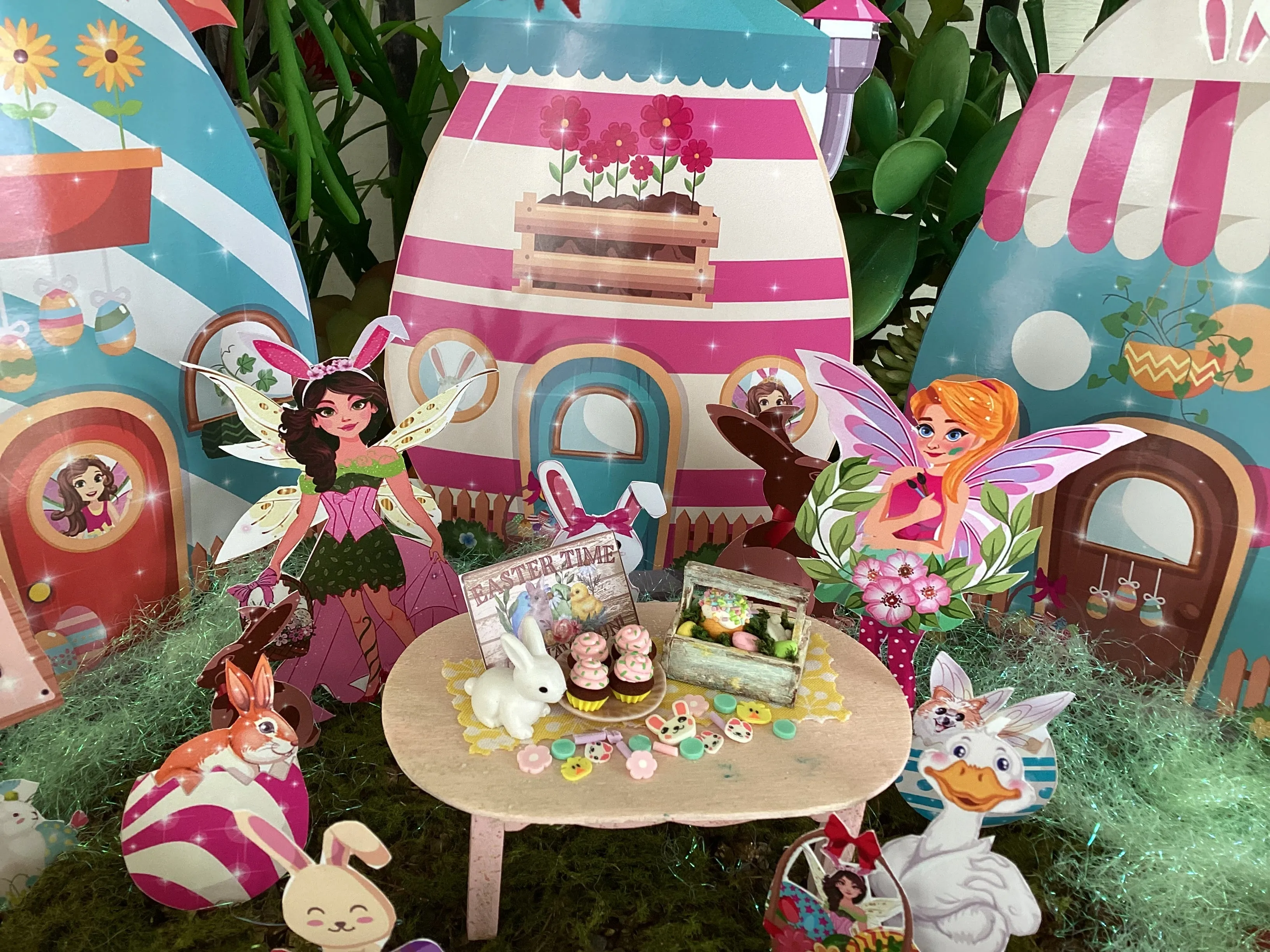 Happy Easter! Adorable Wooden Box With Easter Eggs, Yummy Cupcakes, White Bunny