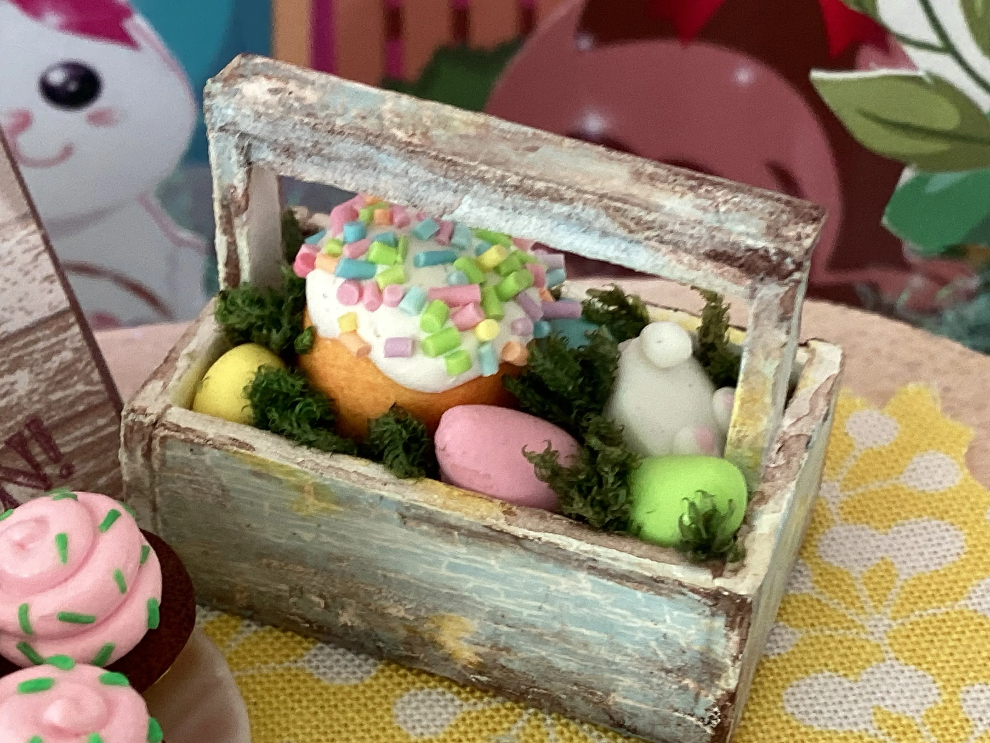 Happy Easter! Adorable Wooden Box With Easter Eggs, Yummy Cupcakes, White Bunny