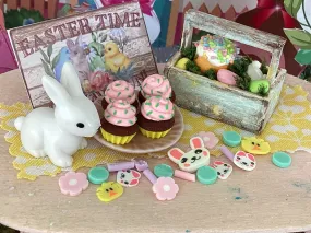 Happy Easter! Adorable Wooden Box With Easter Eggs, Yummy Cupcakes, White Bunny