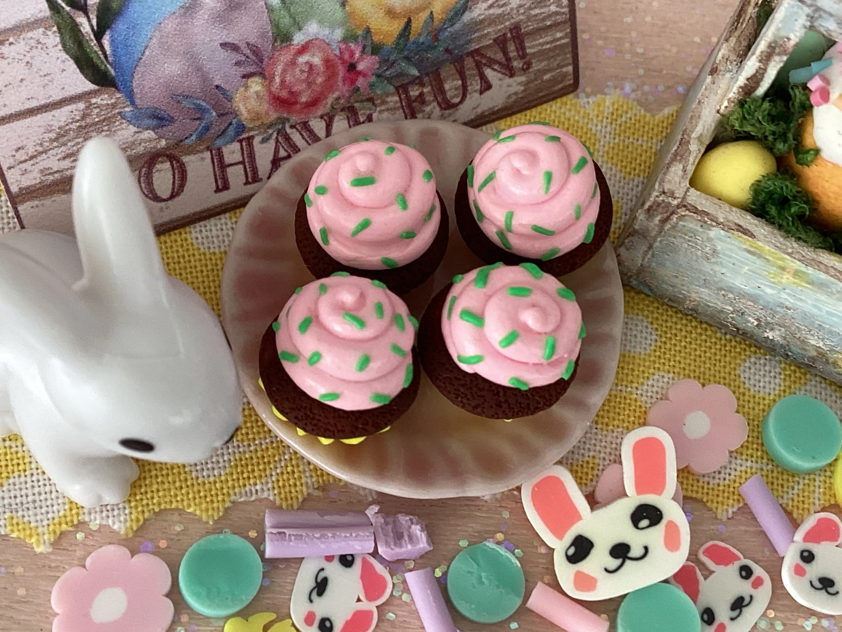 Happy Easter! Adorable Wooden Box With Easter Eggs, Yummy Cupcakes, White Bunny