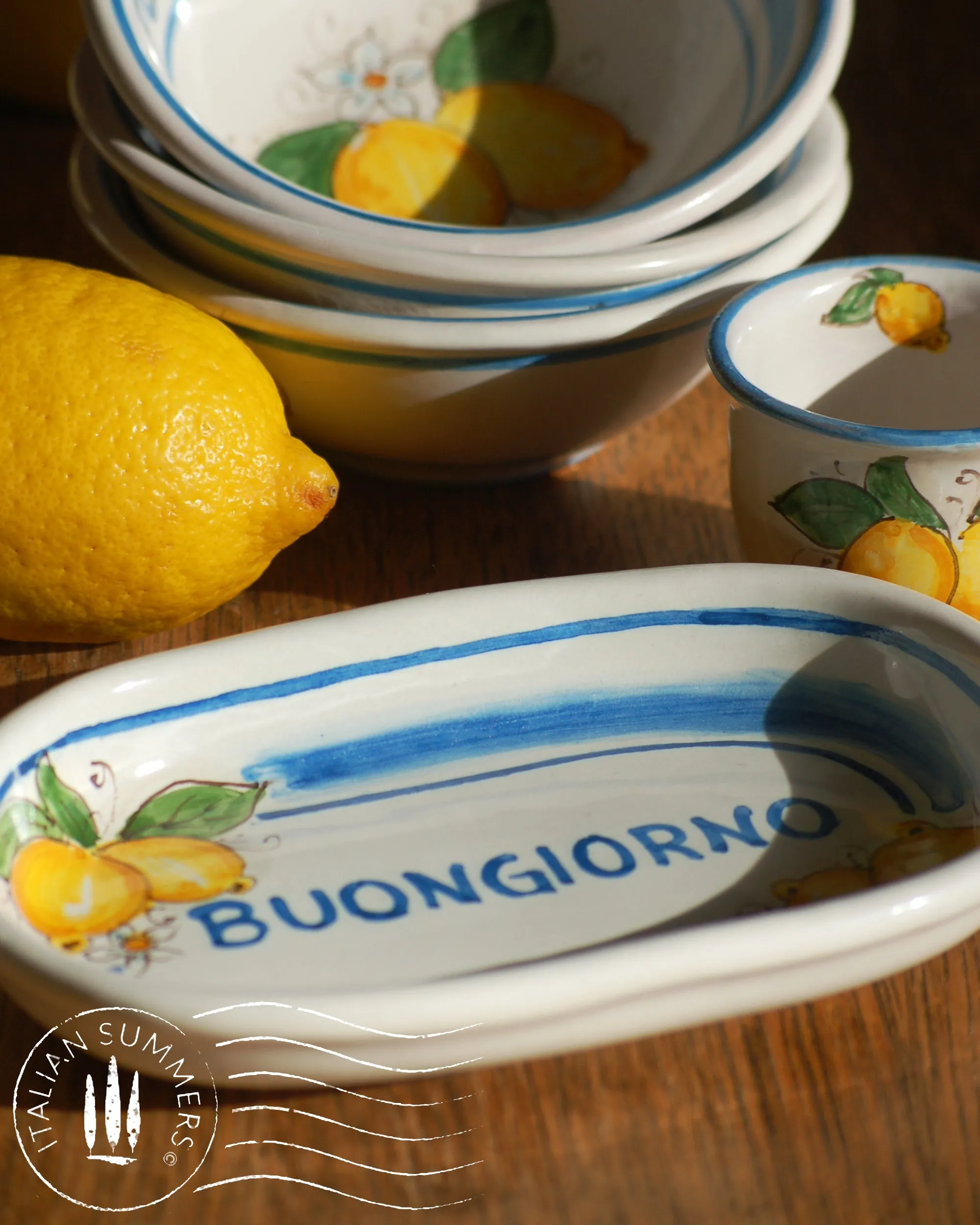 Italian ceramic breakfast Set - BUONGIORNO/ La Vita 'e piu bella con te,  lemon theme
