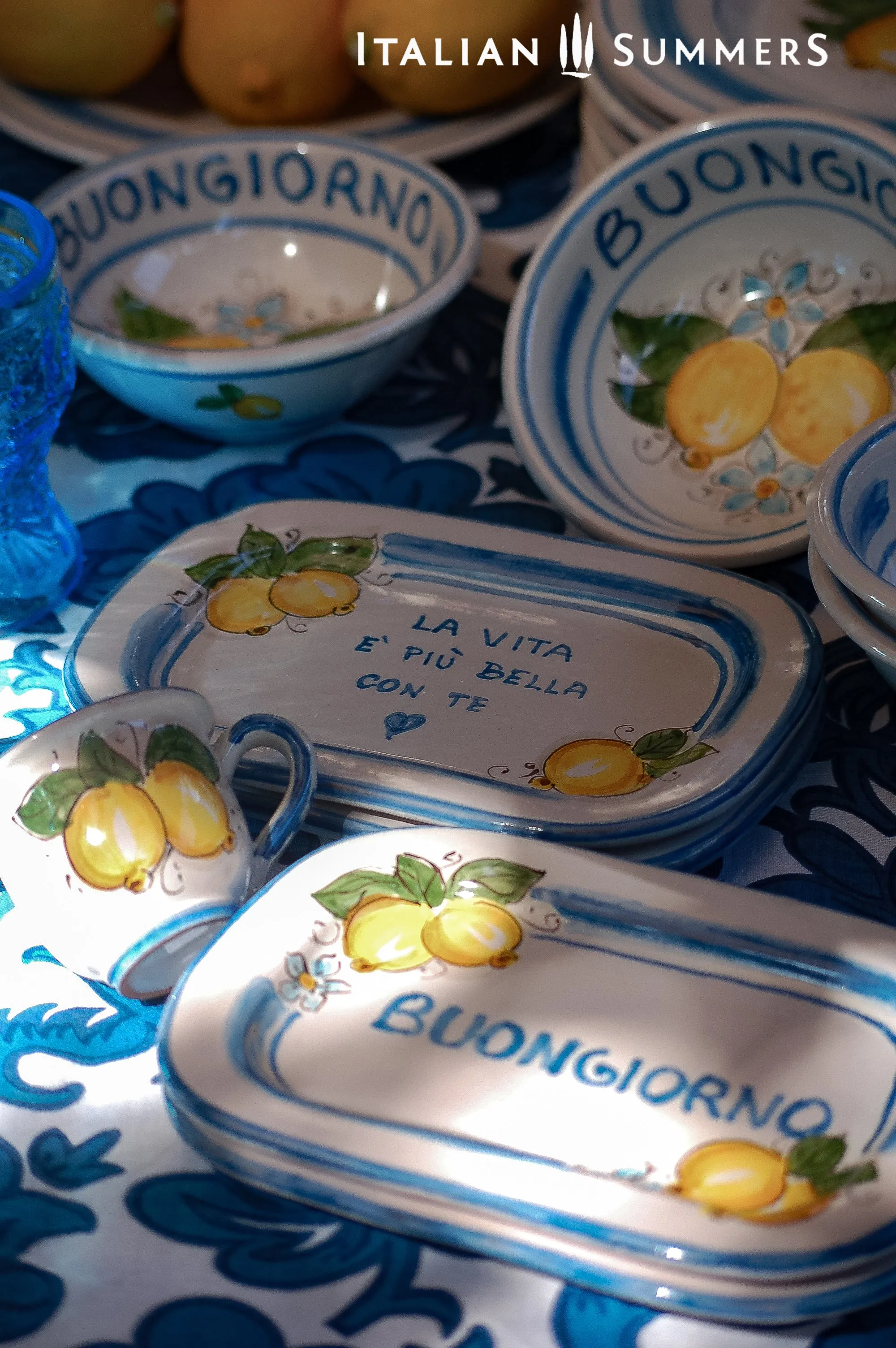 Italian ceramic breakfast Set - BUONGIORNO/ La Vita 'e piu bella con te,  lemon theme