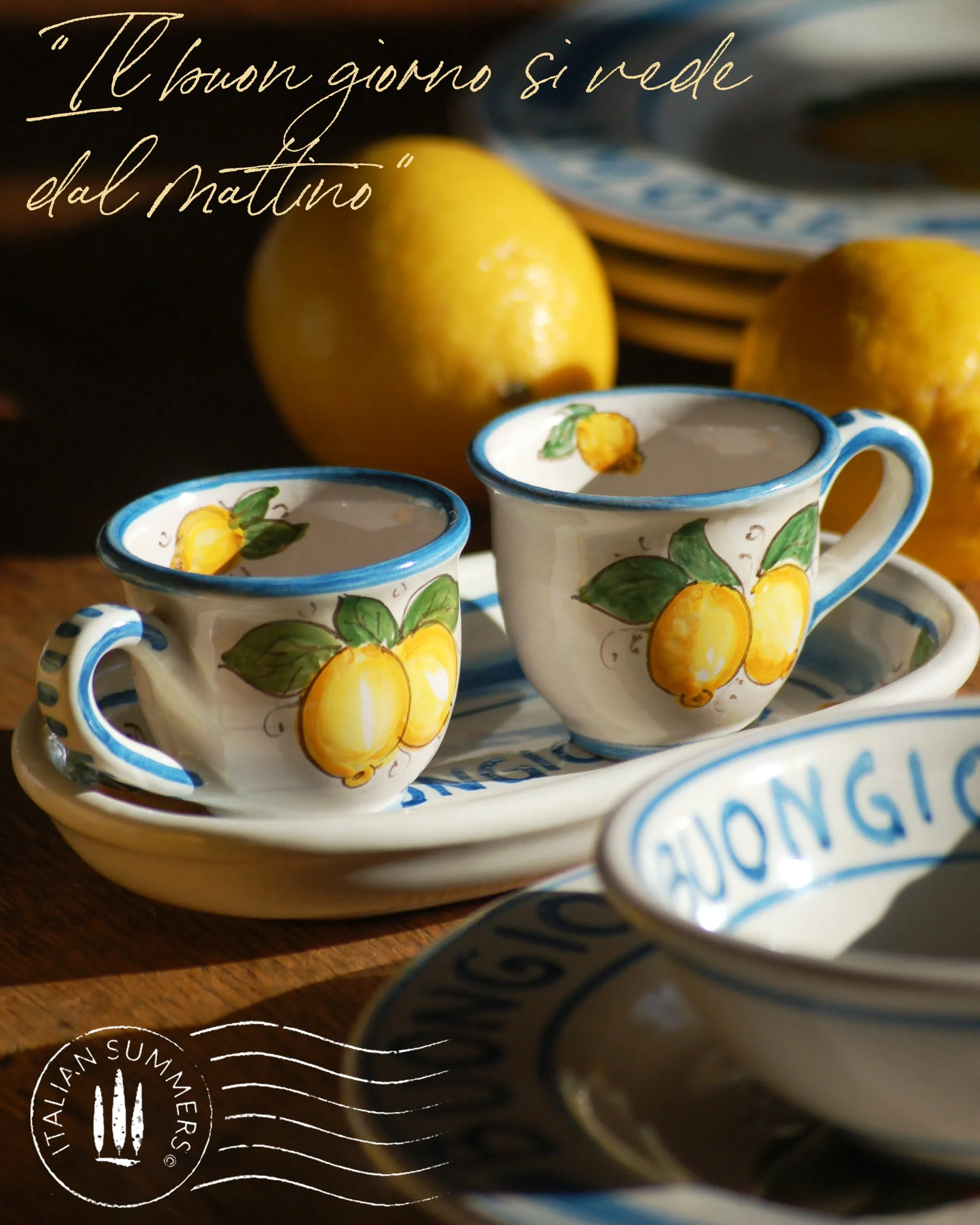 Italian ceramic breakfast Set - BUONGIORNO/ La Vita 'e piu bella con te,  lemon theme