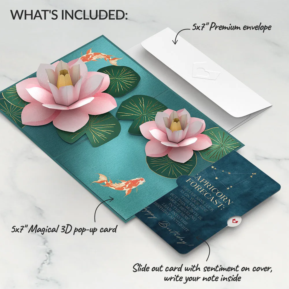 Koi Fish and Lotus Pond Birthday Pop-Up Card and Capricorn Zodiac Sentiment Set