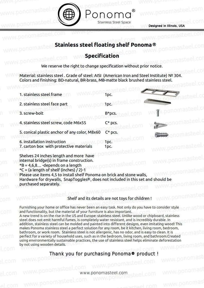 Metal shelves 12"- 17" (cm.30.5 - 43.1) made-to-order Ponoma®