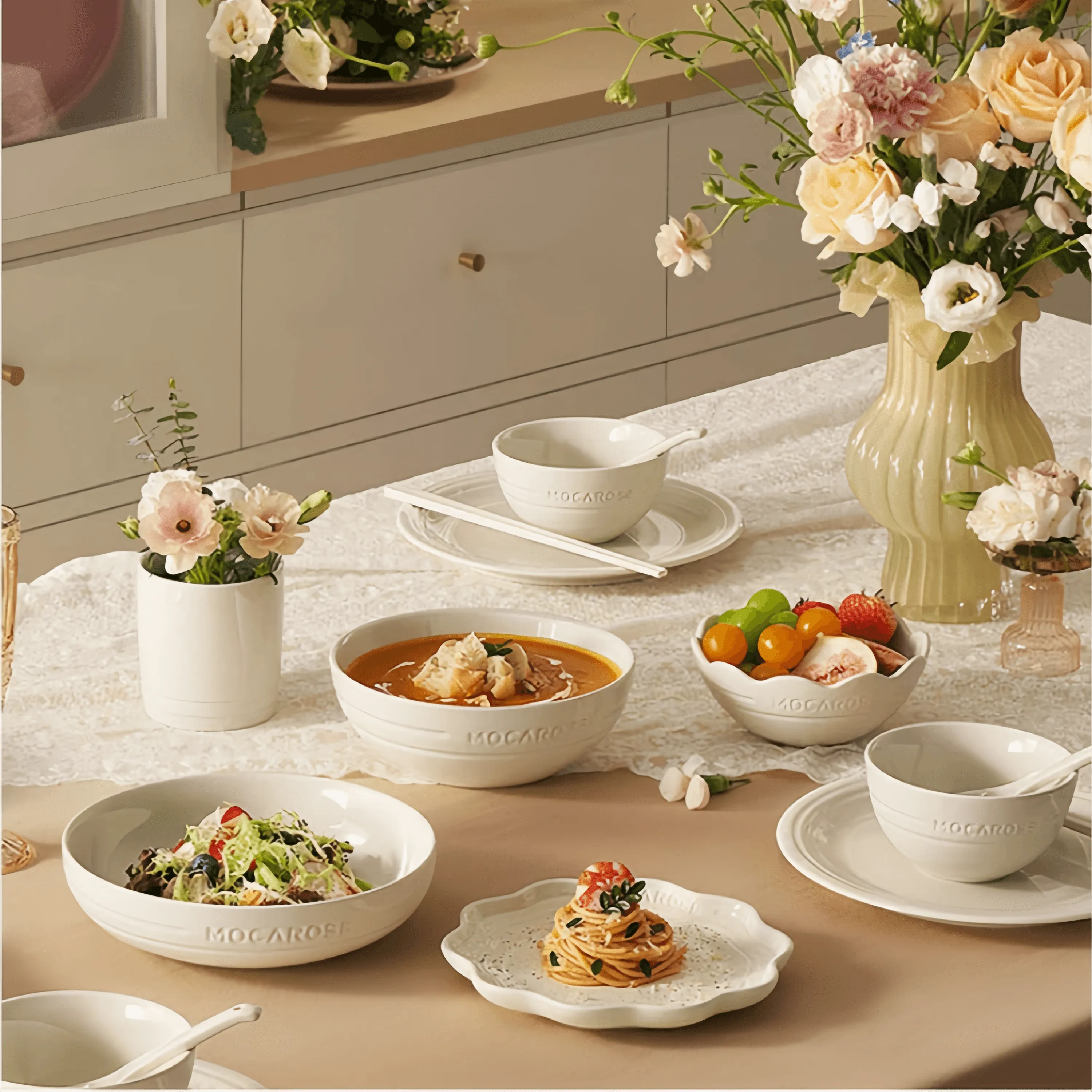 Mocarose Bowls & Plates & Elegance Dinnerware Set