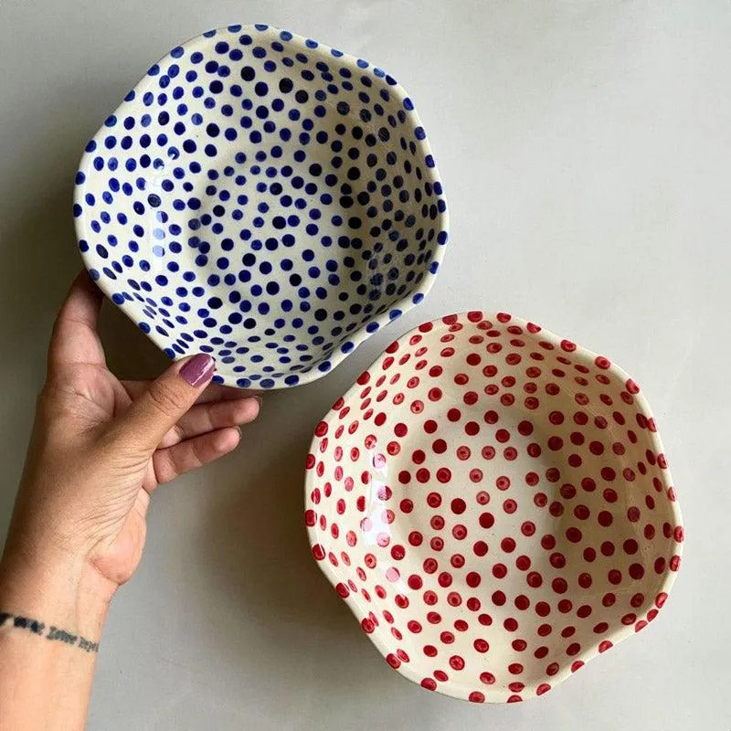 Mosha Polka Blue & Red Serving Bowl (500 ML) - Set of Two