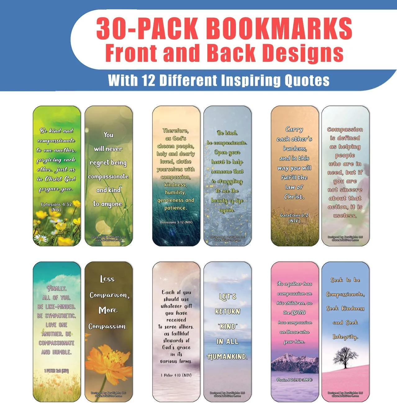 NewEights Famous Verses and Quotes on Compassion (30-Pack) – Daily Motivational Card Set – Collection Set Book Page Clippers – Ideal for Church Events