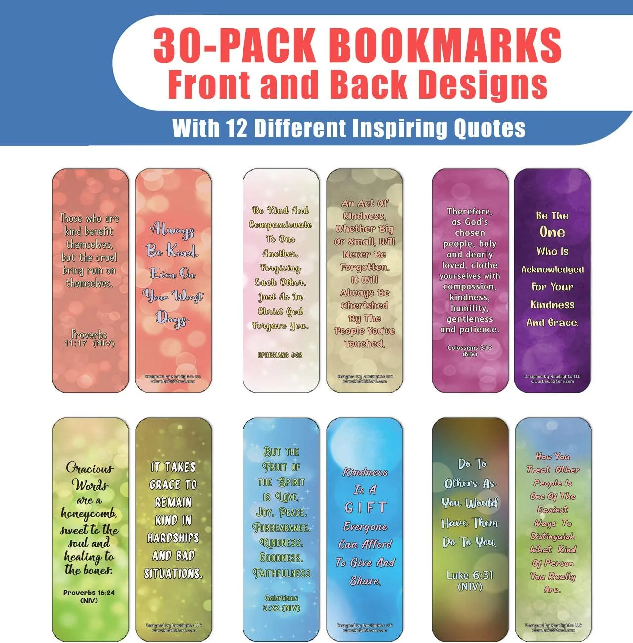 NewEights Famous Verses and Quotes on Kindness (30-Pack) – Daily Motivational Card Set – Collection Set Book Page Clippers – Ideal for Church Events