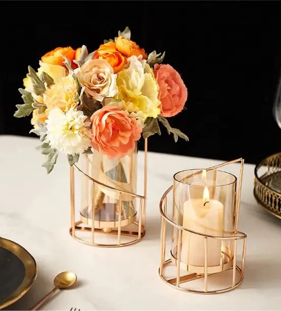 Next In Crafts Metal Geometric Designer Gold Pillar Flower Vase with Removable Glass Modern Design Decorative for Table Top (Pack of 1)