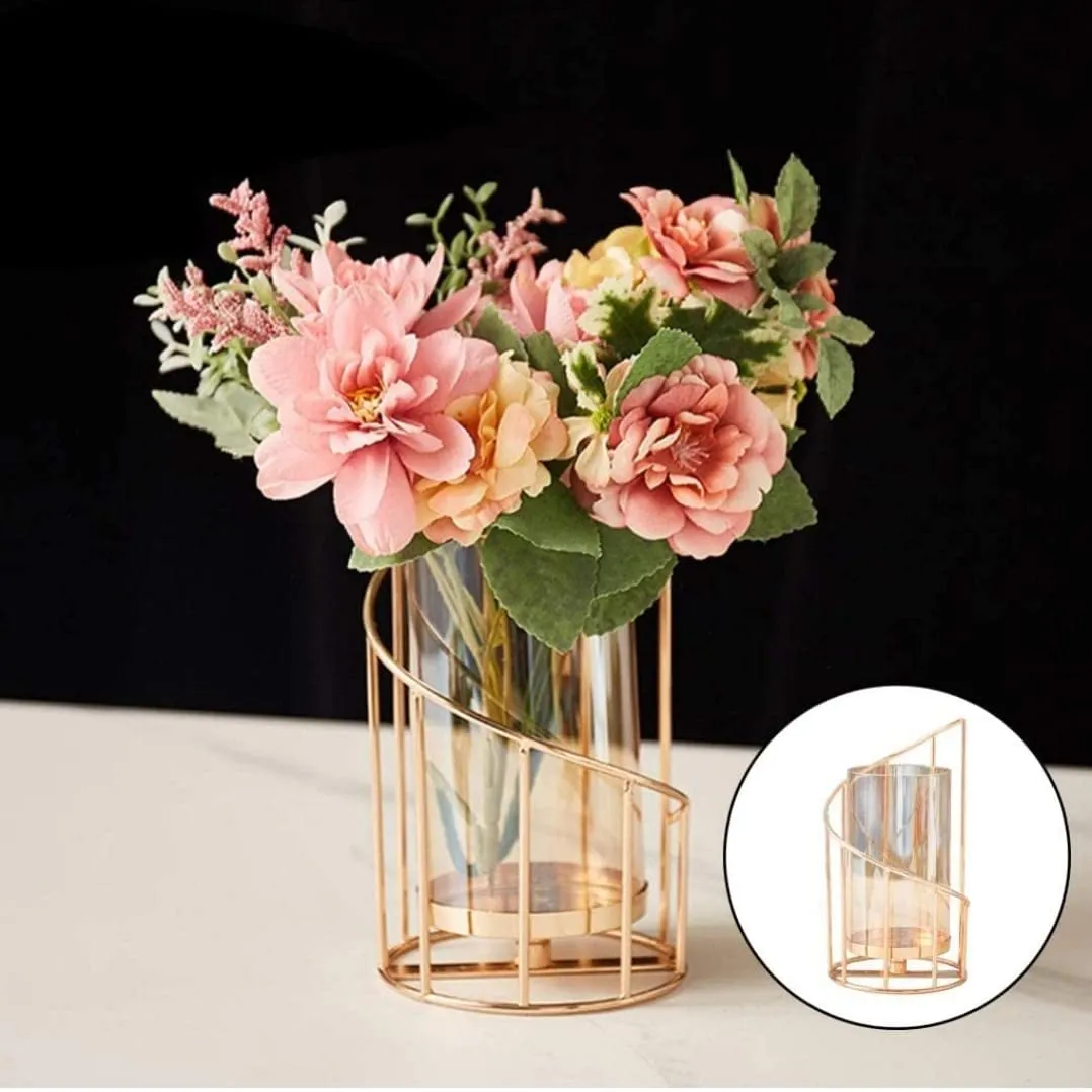 Next In Crafts Metal Geometric Designer Gold Pillar Flower Vase with Removable Glass Modern Design Decorative for Table Top (Pack of 1)