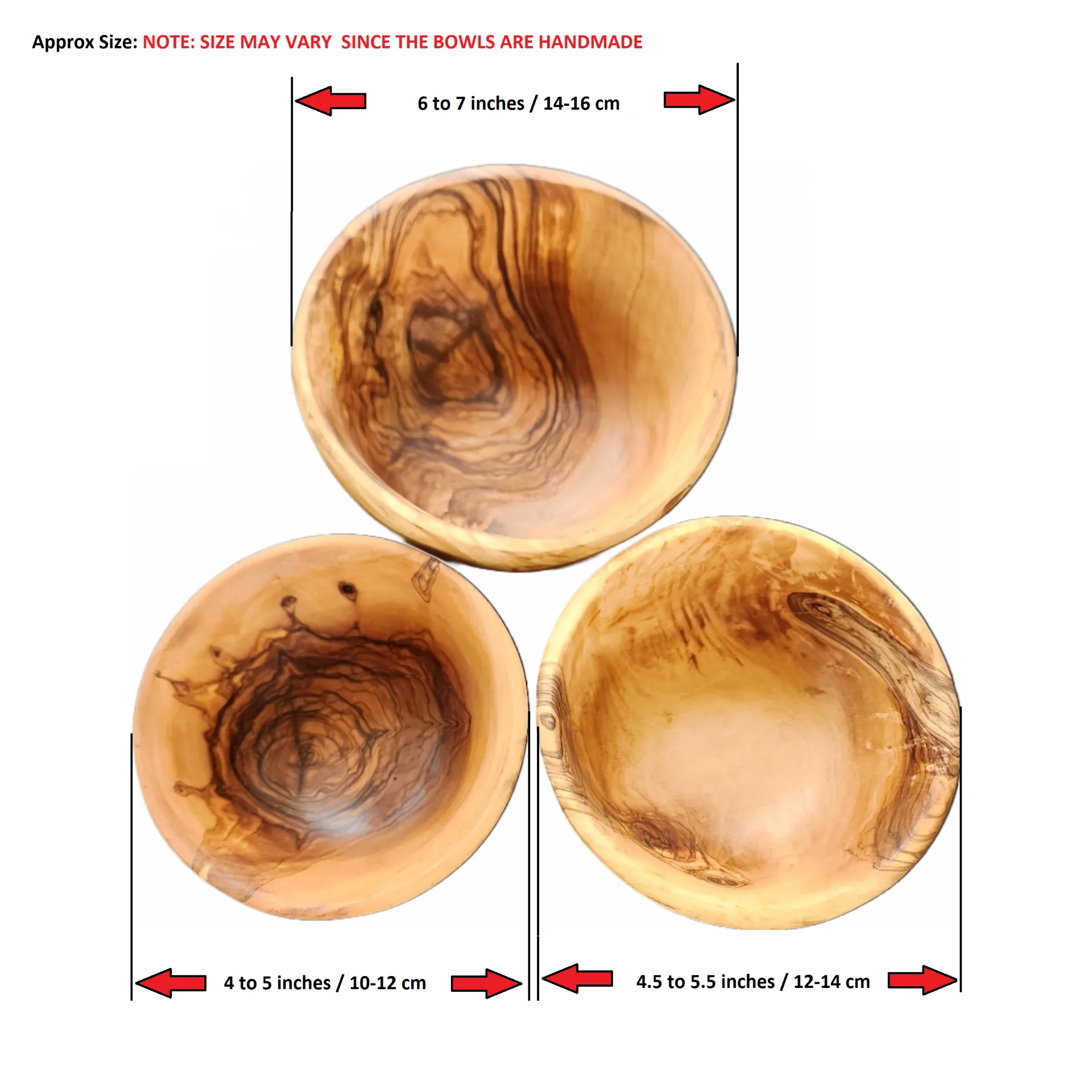 OLIVIKO 100% Handmade Olive Wood Kit - Set of 3 Bowls: Salad Bowl, Snack Bowl - Sizes 12cm, 14cm, and 16cm