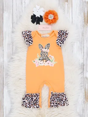 Orange Leopard Bunny Garden Ruffle Romper