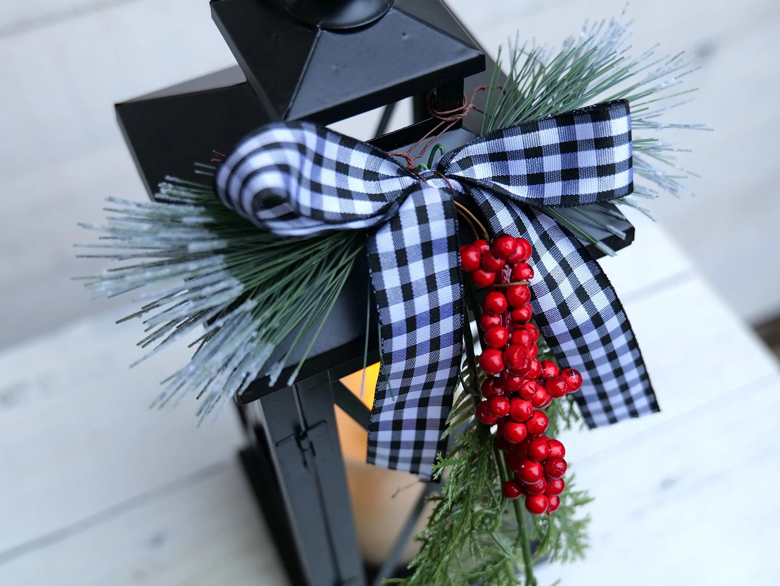 Orchid & Ivy 14-Inch Rustic Light Up Black Metal Christmas Holiday Lantern w/ Plaid Bow, Greenery, Flameless LED Candle and Timer – Decorative Indoor Mantel Shelf Decoration – Winter Xmas Home Decor