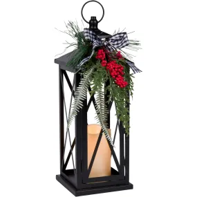 Orchid & Ivy 14-Inch Rustic Light Up Black Metal Christmas Holiday Lantern w/ Plaid Bow, Greenery, Flameless LED Candle and Timer – Decorative Indoor Mantel Shelf Decoration – Winter Xmas Home Decor