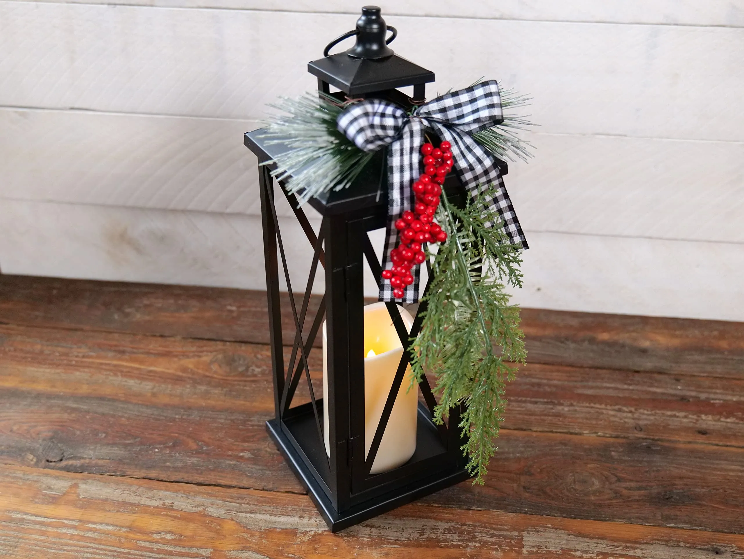 Orchid & Ivy 14-Inch Rustic Light Up Black Metal Christmas Holiday Lantern w/ Plaid Bow, Greenery, Flameless LED Candle and Timer – Decorative Indoor Mantel Shelf Decoration – Winter Xmas Home Decor