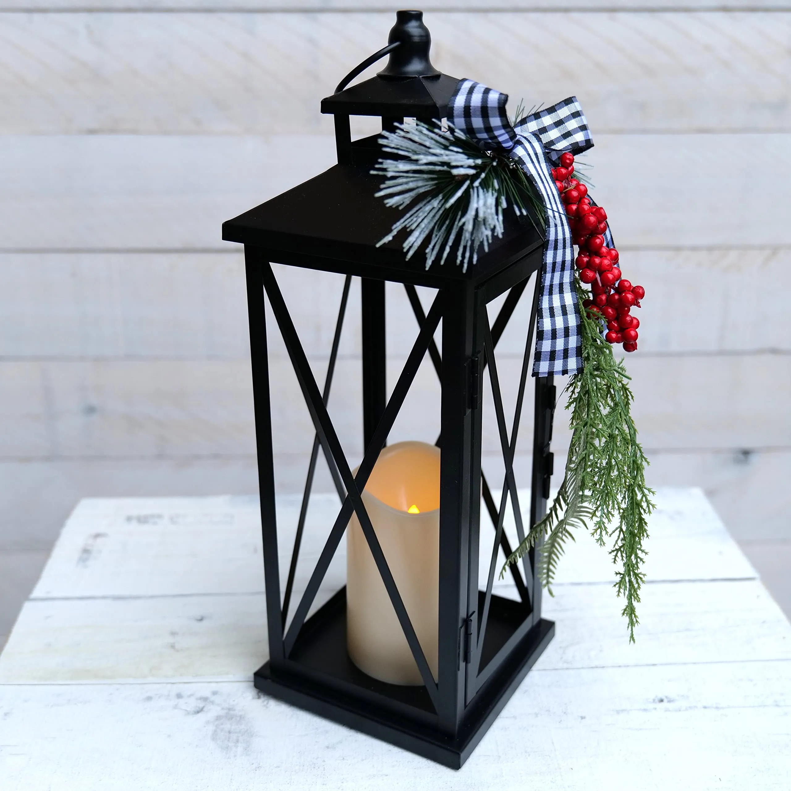 Orchid & Ivy 14-Inch Rustic Light Up Black Metal Christmas Holiday Lantern w/ Plaid Bow, Greenery, Flameless LED Candle and Timer – Decorative Indoor Mantel Shelf Decoration – Winter Xmas Home Decor
