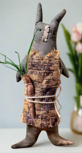 Primitive Easter Spring Flopsy Chocolate Bunny Doll 12" w/ Carrot Handcrafted