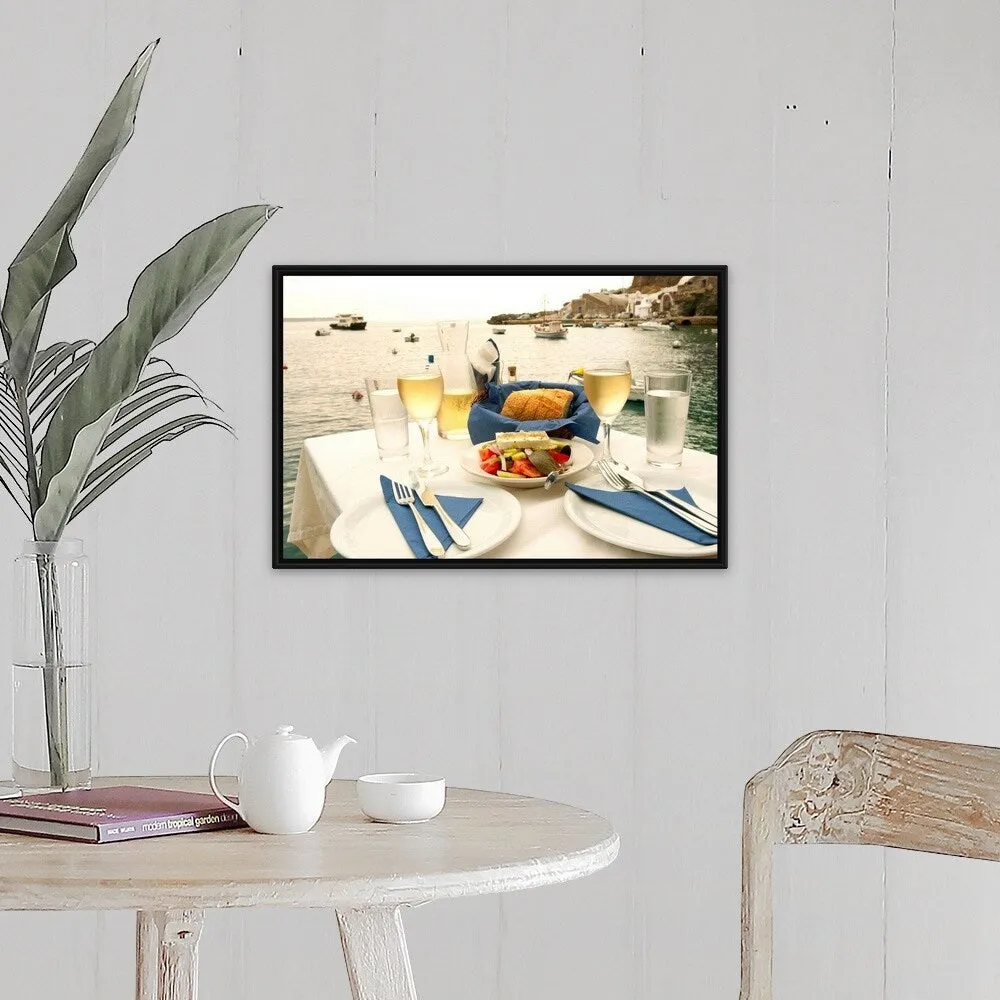 "Food on a table at the seaside, Ammoudia, Santorini, Cyclades Islands, Greece" Black Float Frame Canvas Art - Multi