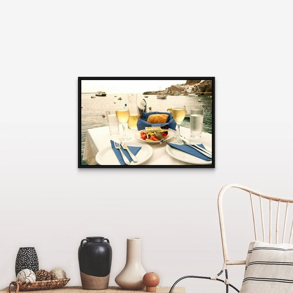 "Food on a table at the seaside, Ammoudia, Santorini, Cyclades Islands, Greece" Black Float Frame Canvas Art - Multi
