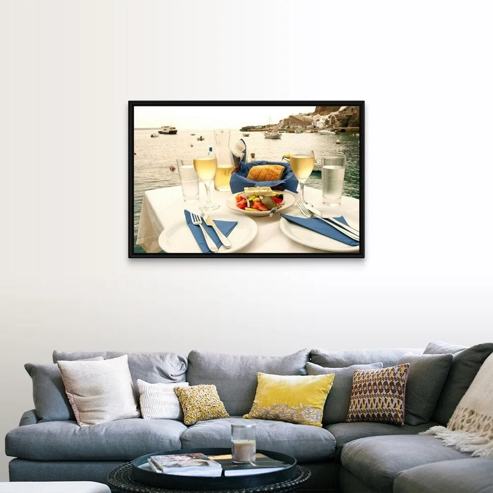 "Food on a table at the seaside, Ammoudia, Santorini, Cyclades Islands, Greece" Black Float Frame Canvas Art - Multi