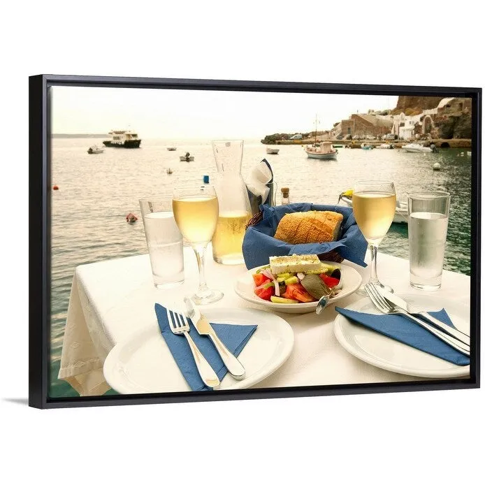 "Food on a table at the seaside, Ammoudia, Santorini, Cyclades Islands, Greece" Black Float Frame Canvas Art - Multi