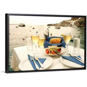 "Food on a table at the seaside, Ammoudia, Santorini, Cyclades Islands, Greece" Black Float Frame Canvas Art - Multi