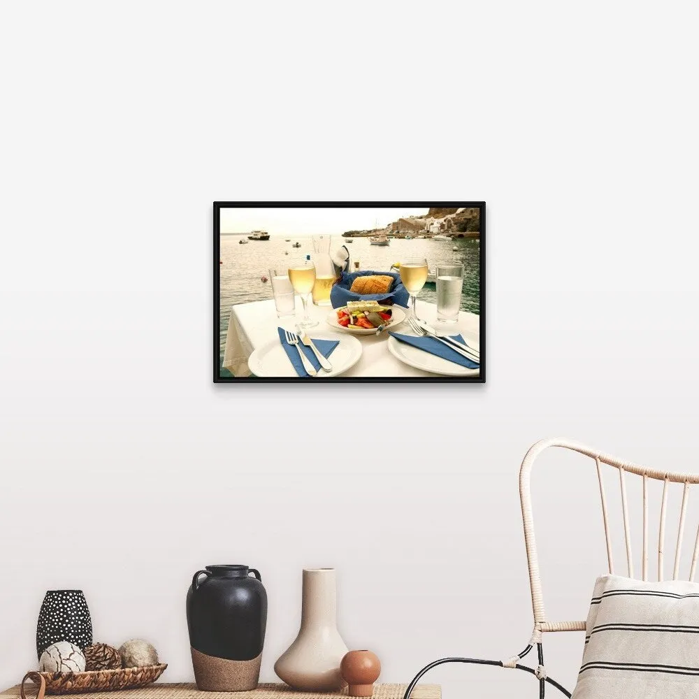 "Food on a table at the seaside, Ammoudia, Santorini, Cyclades Islands, Greece" Black Float Frame Canvas Art - Multi