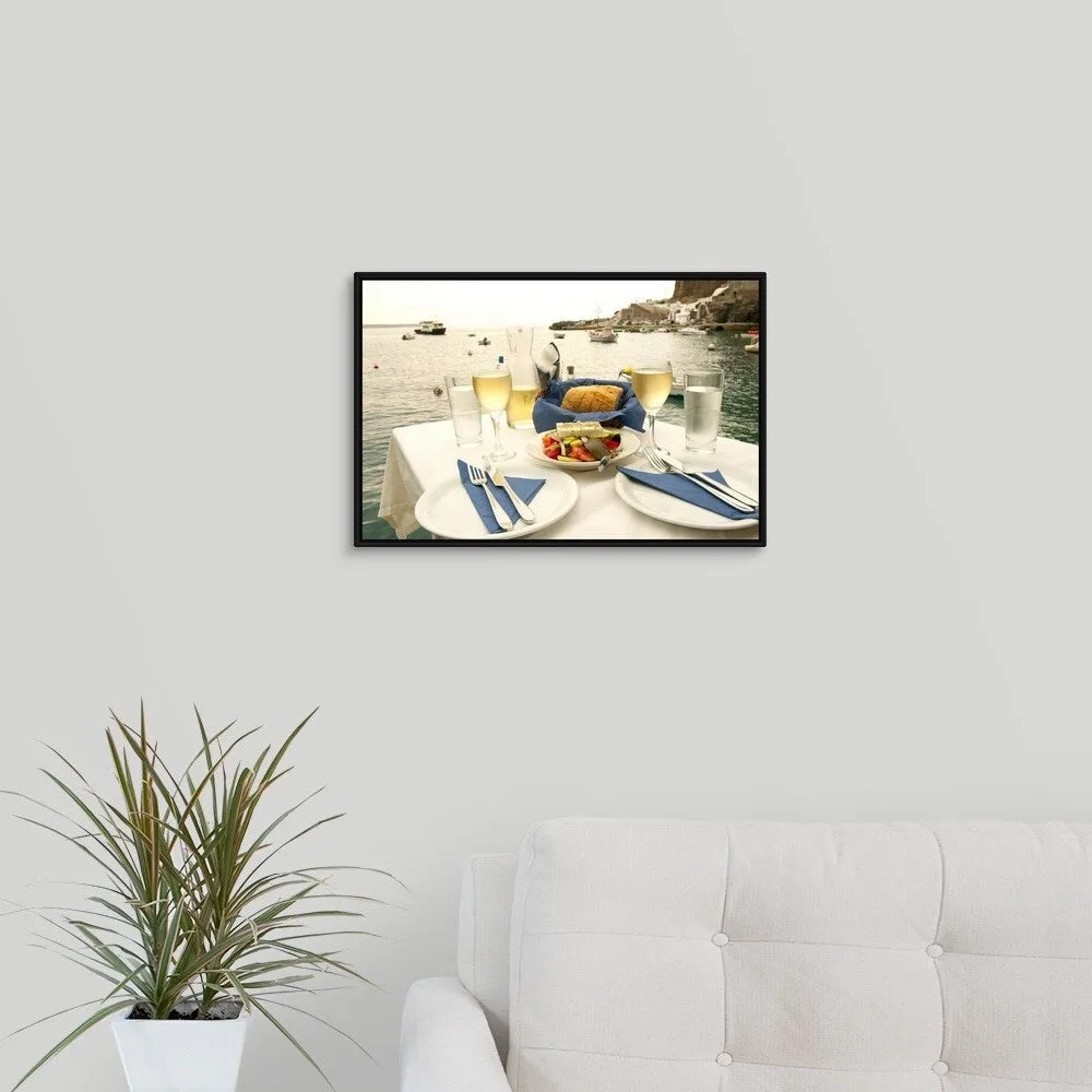 "Food on a table at the seaside, Ammoudia, Santorini, Cyclades Islands, Greece" Black Float Frame Canvas Art - Multi